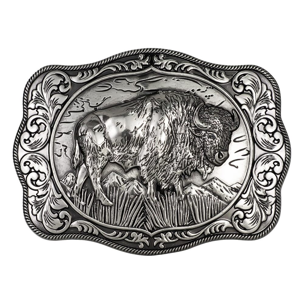 1312 Bison Vintage Rectangle Buffalo Belt Buckle Scaloped Buckle Silver